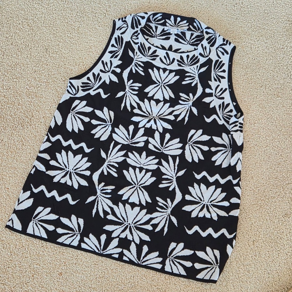 Chico's 60s Mod Jacquard Sweater Tank Size 1 M Black White Floral Geometric